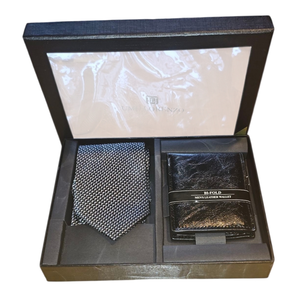 Black and Gray Tie and Wallet Set